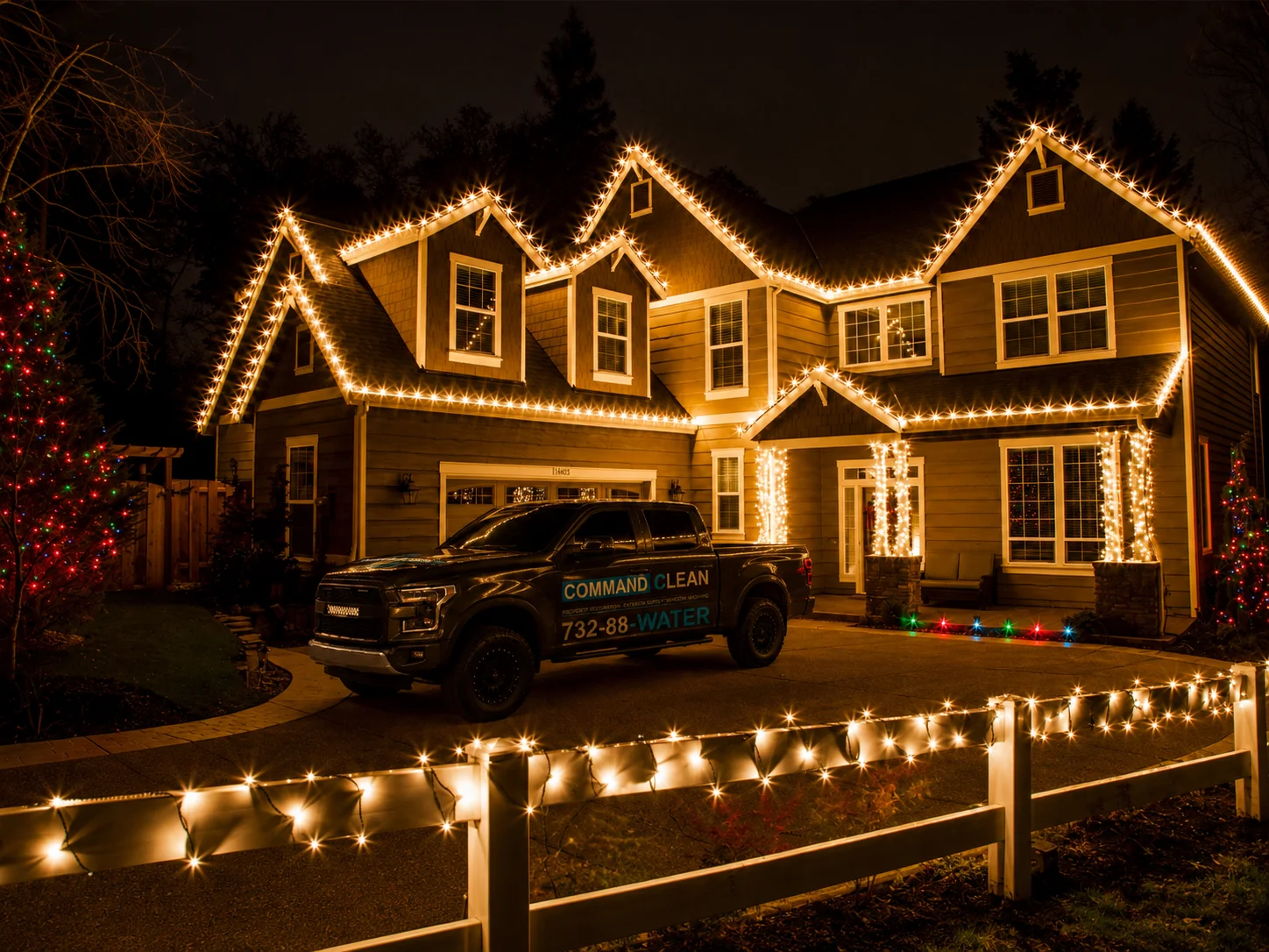 Home decorated with professionally installed Christmas lights at night