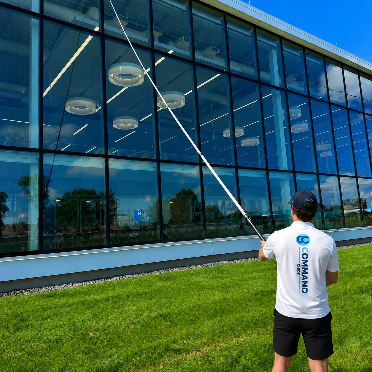 Command Clean technician cleaning the glass facade of a large commercial building